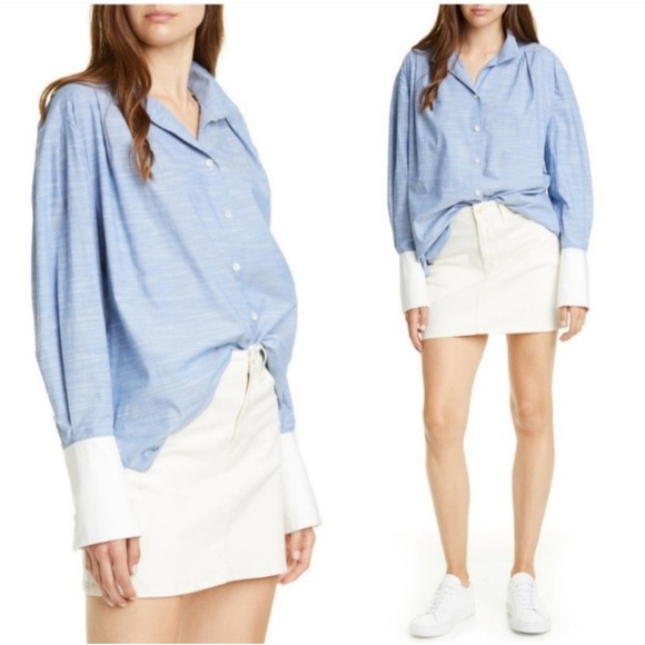 FRAME Chambray Ladies Collared Long Sleeve Button Down Cuffed Blouse Large - Picture 1 of 8